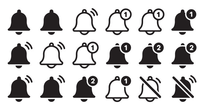 Notification bell icon pack featuring badge counters and mute options for user interface.