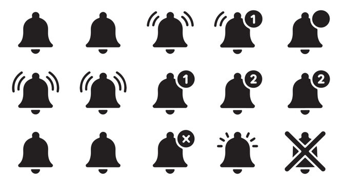 Alert bell notification icons with numbered badges and cancel symbols for digital design.