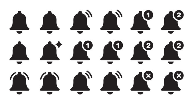 Bell notification icon set with various alert symbols for mobile app interface and design.