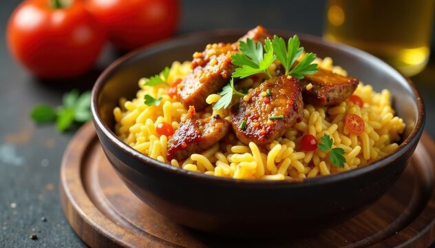 Aromatic mutton biryani dish served in a bowl, spices, inviting, steam rising