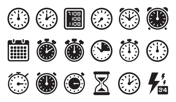 Collection of clock and timer icons for timekeeping and scheduling on transparent background.