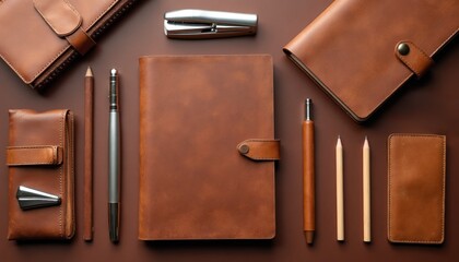 Naklejka na ściany i meble Brown leather business set with notebook planner pens stapler and card holder. Office supplies arrangement for pro work. Modern desk organization for executive tasks.
