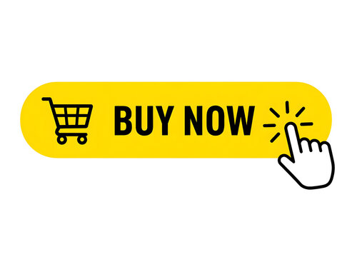 Yellow button with shopping cart and hand clicking buy now for online shopping