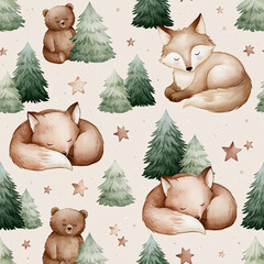 Cute nursery repeating background with sleeping forest animals and pine trees © Alita