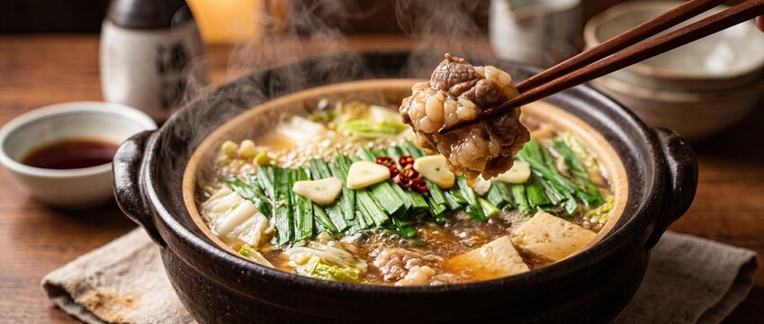 Japanese motsu nabe hot pot with beef offal and vegetables closeup