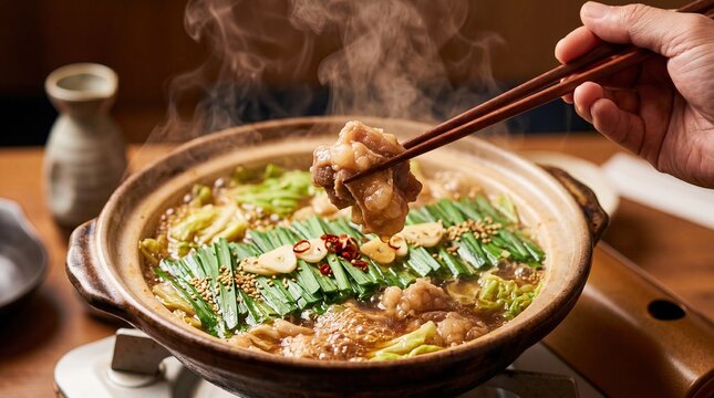 Japanese motsu nabe hot pot with beef offal and vegetables closeup