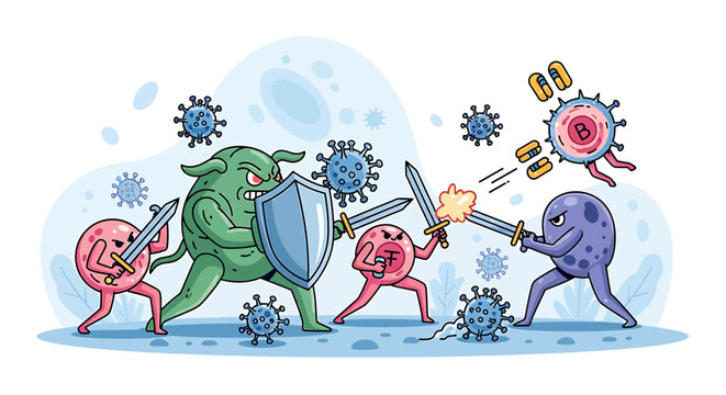 Immune system cells fighting off viruses and bacteria.