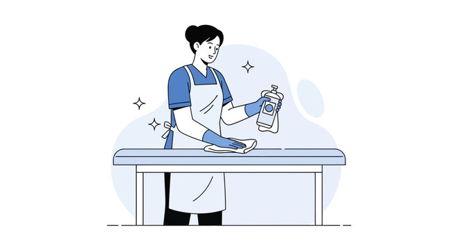 Woman cleaning table with spray and cloth, hygiene and disinfection concept
