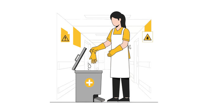 Woman in protective gloves discards medical waste into a biohazard bin in a clean room.