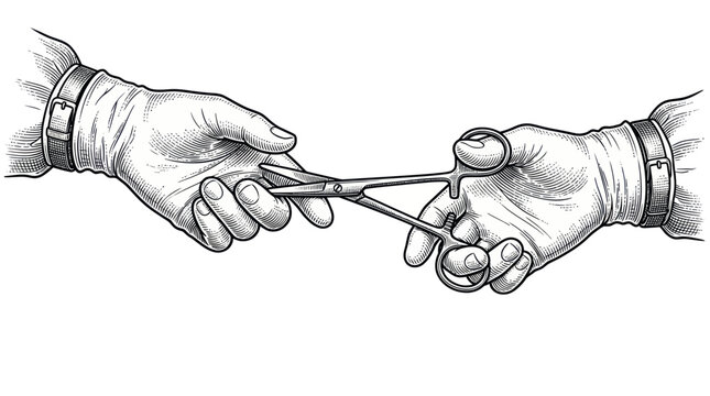Gloved hands passing surgical scissors in an engraving style