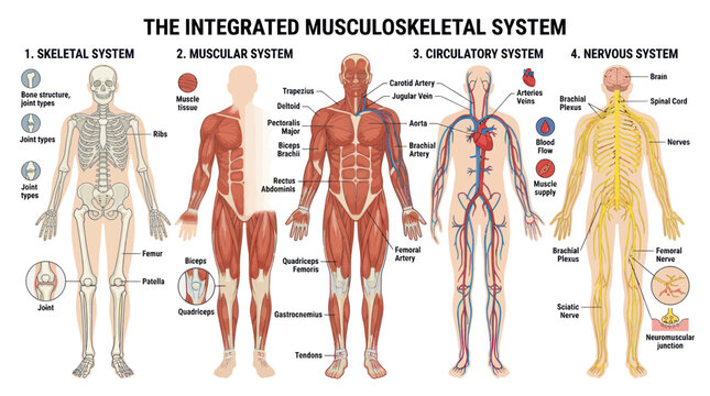 Human anatomy chart showing skeletal muscular circulatory and nervous systems