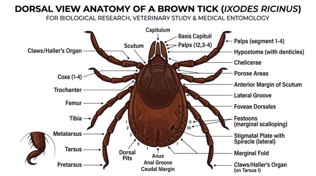 Brown tick dorsal anatomy diagram with detailed scientific labeling