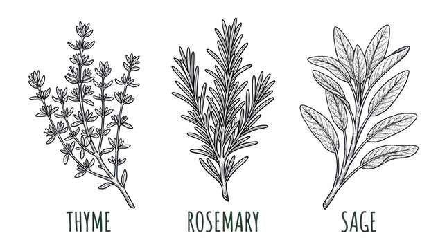 Hand drawn thyme rosemary and sage culinary herb sprigs