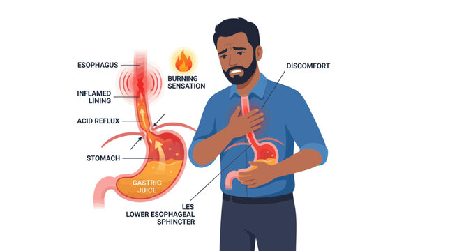 Man experiencing acid reflux and chest discomfort with medical diagram