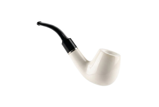 Elegant white meerschaum tobacco smoking pipe with curved black vulcanite stem and silver band collar.