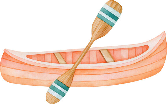 Watercolor illustration of a wooden canoe with paddle isolated on transparent background.