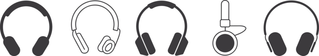 Obraz premium Five black headphone icons set over ear on ear wireless and bone conduction styles