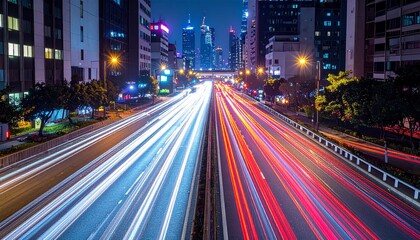Obraz premium Long exposure of city traffic at night with high-rises