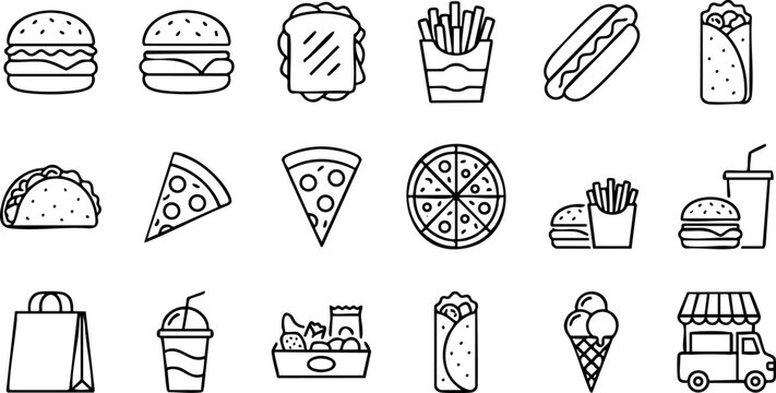 Comprehensive collection of fast food icons including burgers sandwiches pizza tacos fries and drinks in a flat line art illustration style with sandwich, delivery
