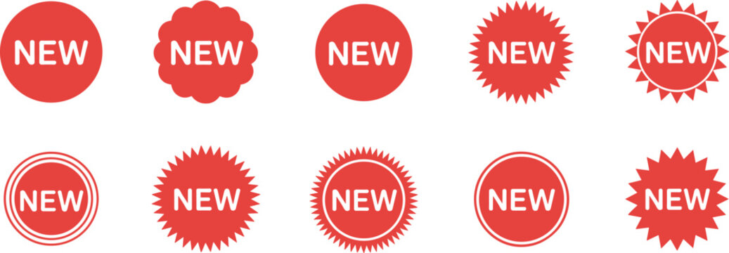 Collection of ten red 'new' badges and labels in various shapes for marketing and promotions