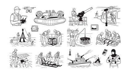 Obraz premium Emergency Search and Rescue Operations Vector Illustration Set Showing Military and Coast Guard Teams for Disaster Response Training and Public Safety Marketing