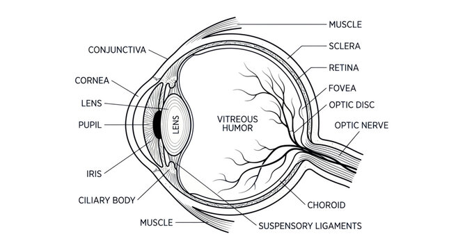 Anatomy of the human eye with detailed labels for medical education