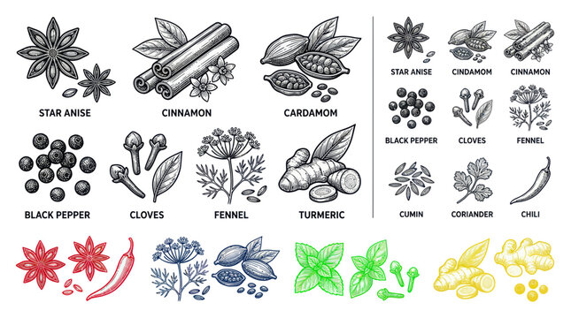 Hand drawn spices and herbs collection in vintage sketch style