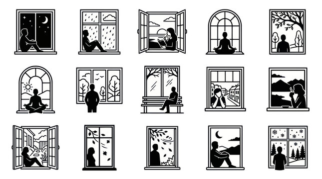 People looking through windows in different seasons and moods