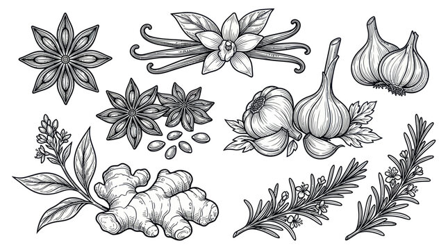 Spices and herbs collection featuring ginger garlic and star anise