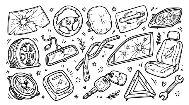 Collection of damaged car parts, including a broken windshield, flat tire, and cracked mirror, rendered in a hand-drawn doodle style on a white background