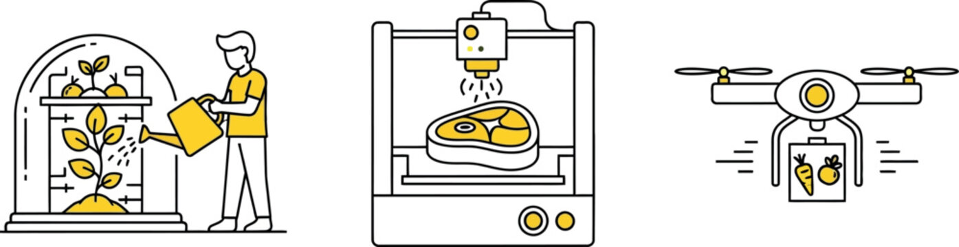 Future Agriculture and Tech Food Concept Vector Set: Smart Laboratory Greenhouse Dome, 3D Bioprinting Meat Cultured Steak, and Quadcopter Delivery Drone Carrying Fresh Corn Linear Icons