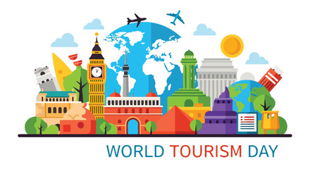 Fototapeta premium Colorful landmarks worldwide celebrate World Tourism Day
