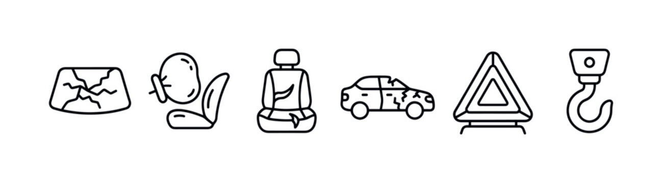 Various car accident and repair related line icons including a cracked windshield, deployed airbag, damaged car, and tow hook on a white background