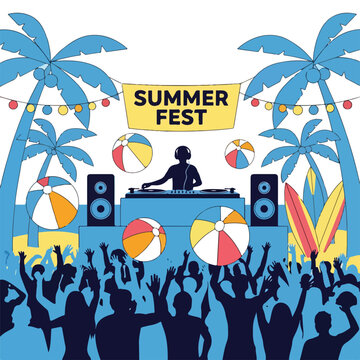 A lively summer festival scene with a DJ and crowd