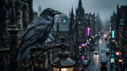 Obraz premium Black Raven Perched Above Rainy Gothic City Street