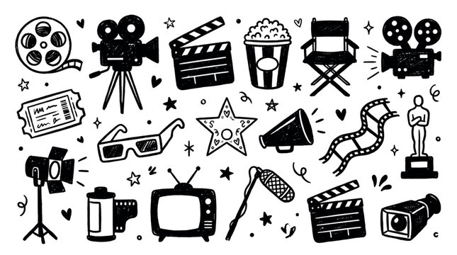Collection of hand-drawn black and white cinema and movie icons arranged in a seamless pattern on a clean white background