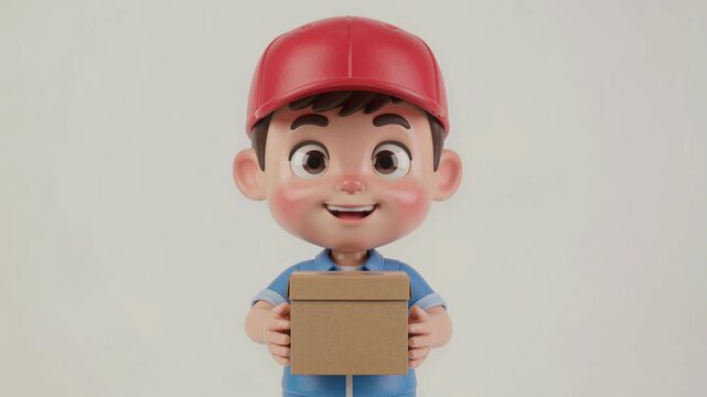 Cute 3D Delivery Boy Character Holding Cardboard Box with a Smile