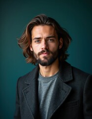 Fototapeta premium Man with long brown hair and beard wears dark coat and grey sweater. He looks directly at camera with a confident expression. Studio portrait, teal background.