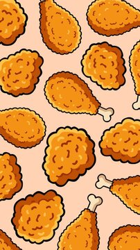 Golden crispy fried chicken drumsticks and nuggets arranged in a seamless repeating pattern on a soft beige background. Perfect for fast food promotions, restaurant advertising, snack themes