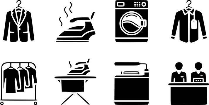 Professional laundry and dry cleaning services icon set featuring a washing machine, steam iron, clothes hangers, apparel rack, and reception desk vectors for apparel care business branding.