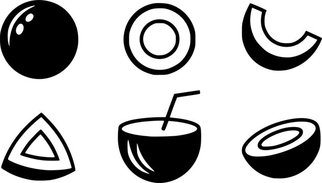 Fresh coconut fruit line and glyph icon set featuring whole coconut, half shell with drinking straw, sliced pieces, and tropical nut segments for organic food packaging design.