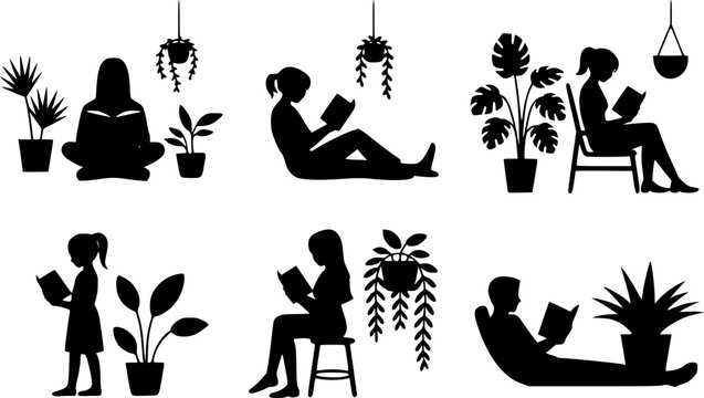 People reading books at home silhouette collection featuring men, women, and children relaxing with literature next to cozy indoor house plants and potted greenery vectors.