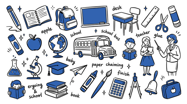 Hand drawn blue and white school supplies and student characters are scattered across a clean white background, depicting education