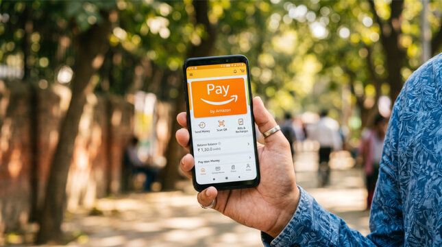 Hand holding a smartphone with Amazon Pay app on the screen. Blurred physical outdoor background with trees. Mobile payment, digital wallet, finance, banking, and online shopping app mockup.