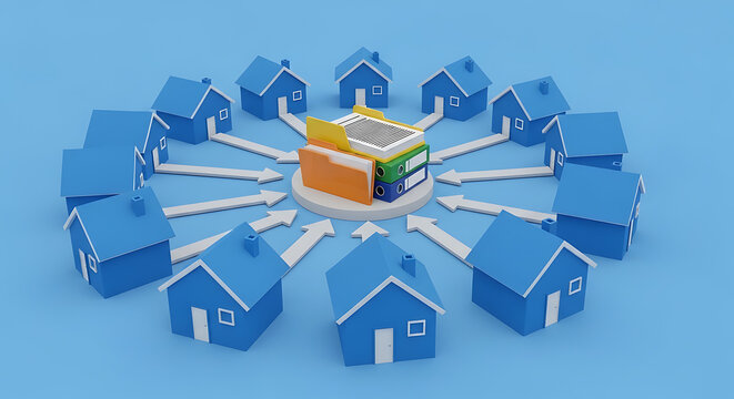 Central database folder connected to multiple residential houses with real estate database connectivity centralized management information organization architecture property residential