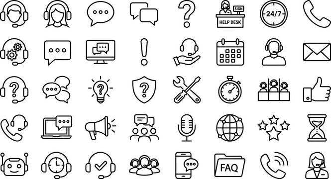 Customer support and communication icons with headphones chat bubbles technical assistance customer service help desk call center sand timer headphones