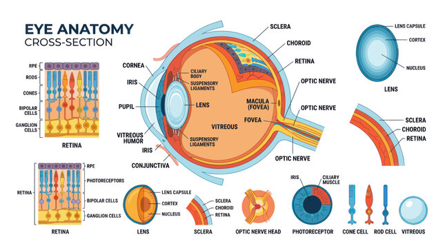 Human eye anatomy diagram with labeled cross sections