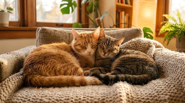 Two tabby cats sleeping together on a blanket