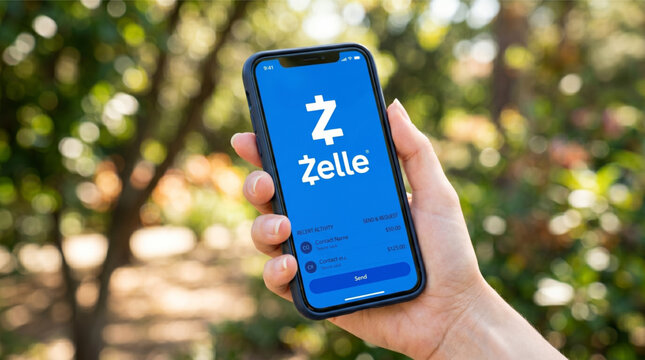 Female hand holding a smartphone with Zelle money transfer app interface on the screen. Blurred outdoor park background with bokeh. Digital finance, banking, mobile payment, peer to peer cash.