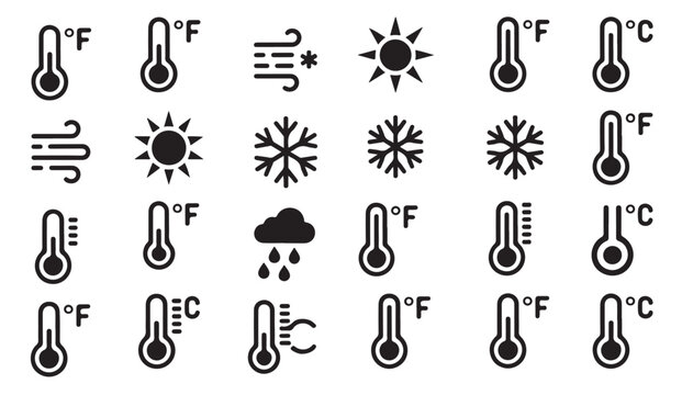 Detailed weather symbols collection with rain clouds thermometers and wind speed icons.
